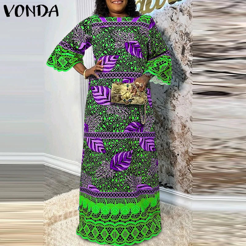 VONDA grande taille 5XL automne femmes mode bohème imprimé Robe col rond Vintage 3/4 manches évasées Robe d'été Robe de fête