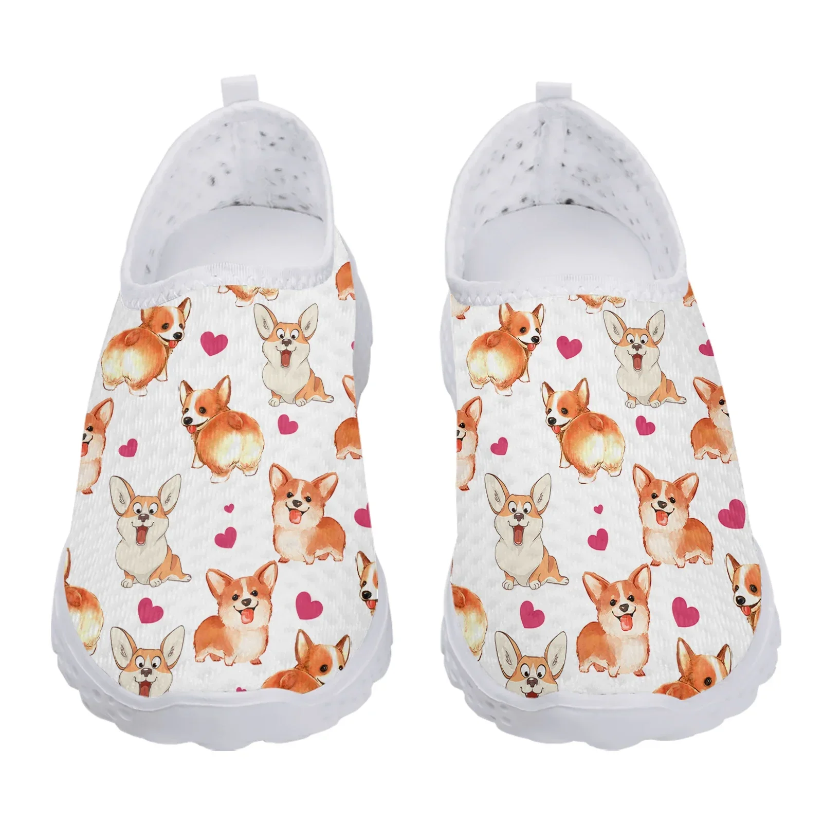 Cute Heart Print Corgi Design Soft And Comfortable Home Shoes Womne's Light Slip On Shoes Flat Mesh Shoes Zapatos