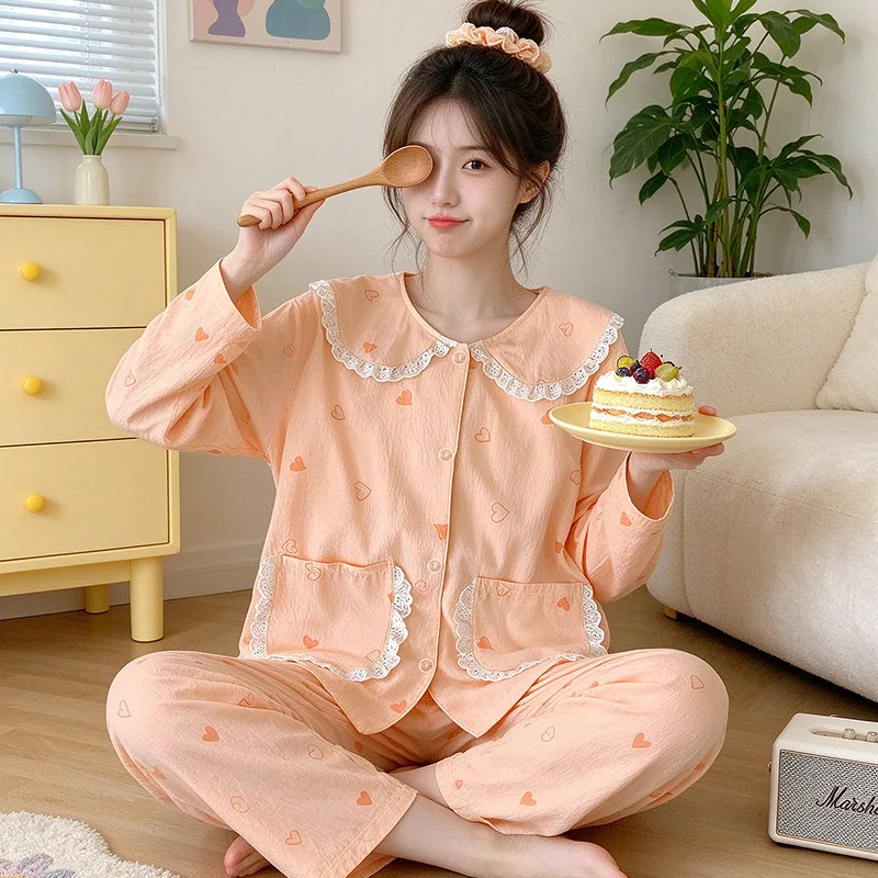New Korean-Style Girls' Sleepwear, Thin And Breathable, Cloud Cotton, Long Sleeves, Heart Print, Doll Collar Loungewear Set