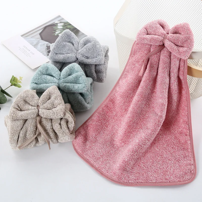 33x33CM Cute Bow Decorative Fast Absorbent Warp Knitting Plush Hand Towel Bathroom Accessories Kitchen Hanging  Wipe