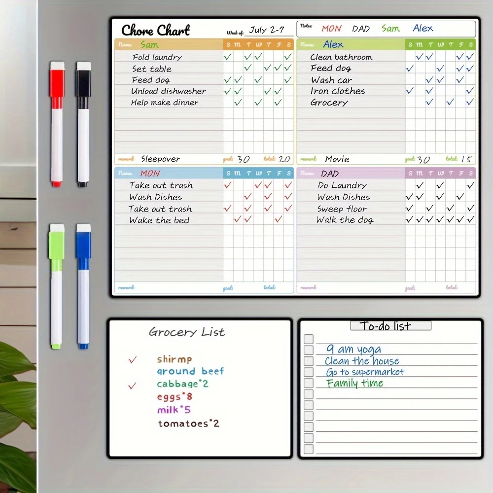 Magnetic Dry-Erase Chore Chart Set Families, Suitable Teens And Adults - Includes 1 Chore Chart And 2 Dry-Erase Boards/Shopping
