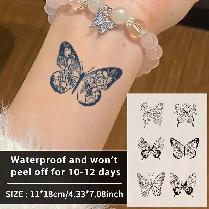 6Pcs Realistic Black Butterfly Temporary Tattoo Sticker, Applicable For Finger, Wrist, Shoulder, Neck, Collarbone And Body