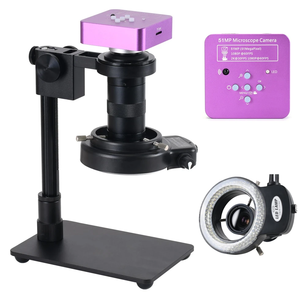 51MP 1080P 60FPS Industrial Camera with 130X C-mount Lens 144 LED 2K Digit Electronic Microscope Camera for PCB Repair Soldering