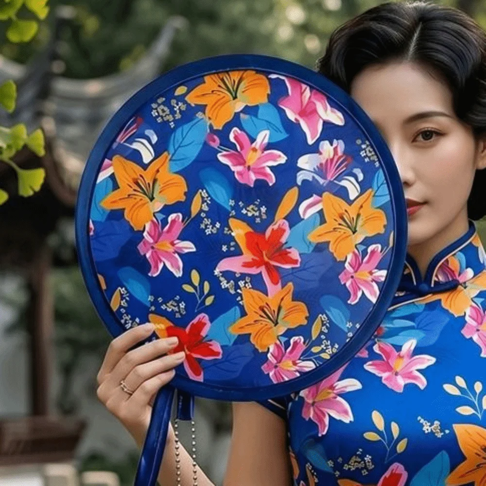Mini Japanese Style Folding Fan Flower Pattern Round Handheld Fan With Pocket Flying Disk Fan Summer Travel