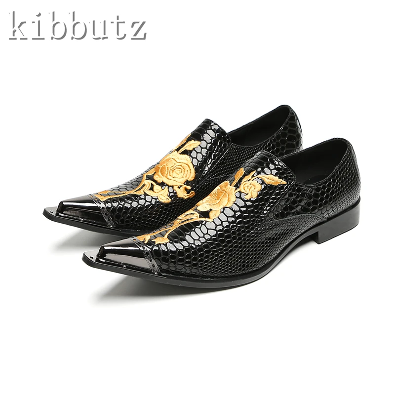Gold Flower Embroidery Men Genuine Leather Shoes Metal Pointed Toe Slip On Oxford Loafers Gentlemen Wedding Party Dress Shoes