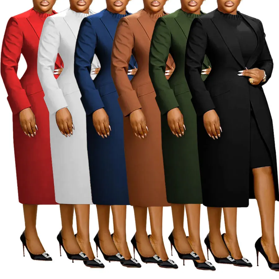

Two-piece Dresses Suit Fashion Office Lady Clothing Long Sleeve Lapel Neck Trench Coat and Dresses Autumn Winter Wear