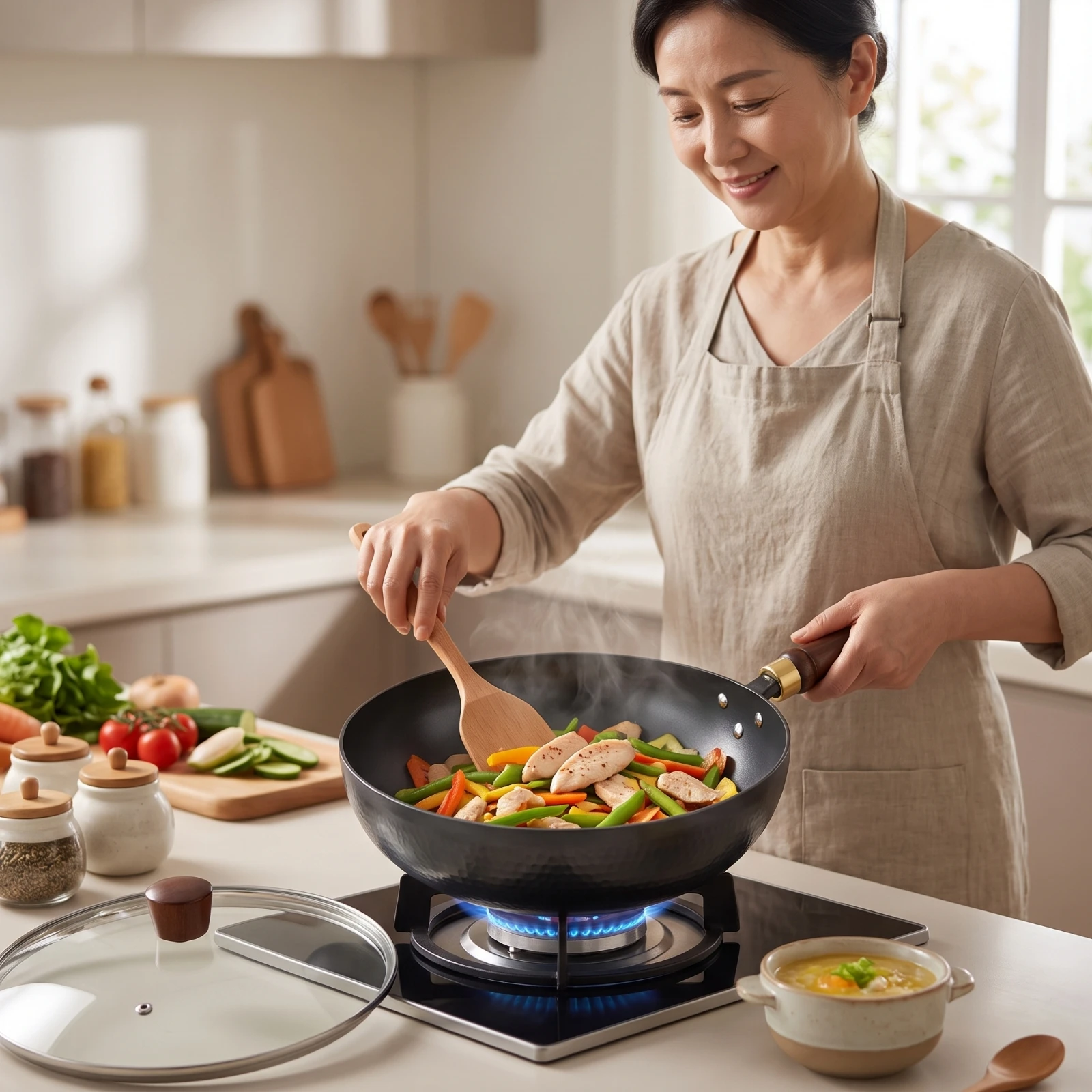 Iron Wok with Lid Long-Lasting Pre-Seasoned Wok Stir Fry Pan Wide Cookware Induction Compatible for Home Cooks, Stovetop