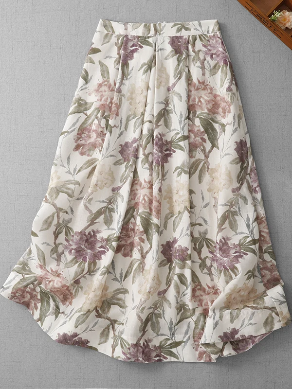 Retro High Waist Cotton Linen Print Skirt Women's Summer Slimming Drapey A-Line Umbrella Skirt Comfortable Breathable Casual