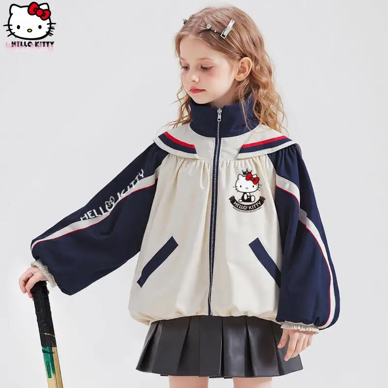 

Hello Kitty Girls Kawaii Contrast Jacket Anime Autumn New Jacket Cartoon Sports Sanrio Student Clothing Fashion Windbreaker