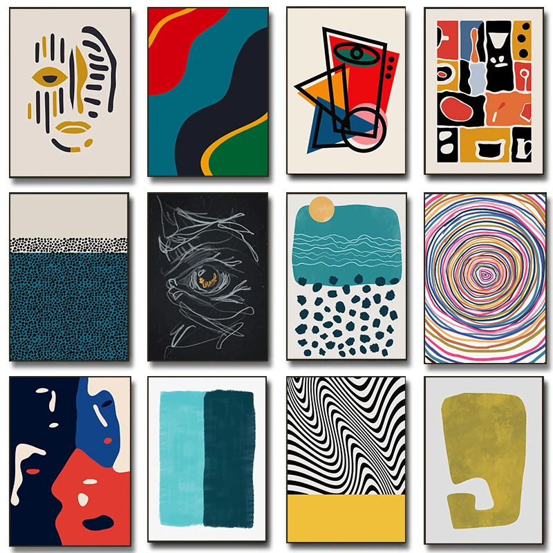 Trendy Minimalist Quirky Abstract Posters Concentric Lines Modern Face Prints Canvas Painting Wall Art Pictures Home Room Dec