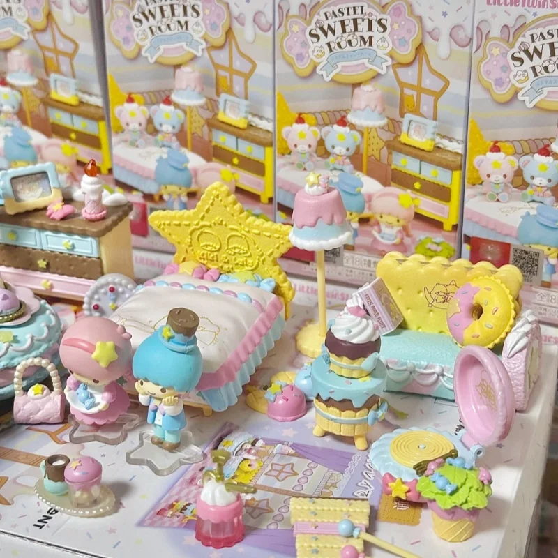 

Rement Miniature Scene Sanrio Twin Stars Pink Candy House Model Desktop Ornament Blind Box Cute Anime Figurine Collectible Toy
