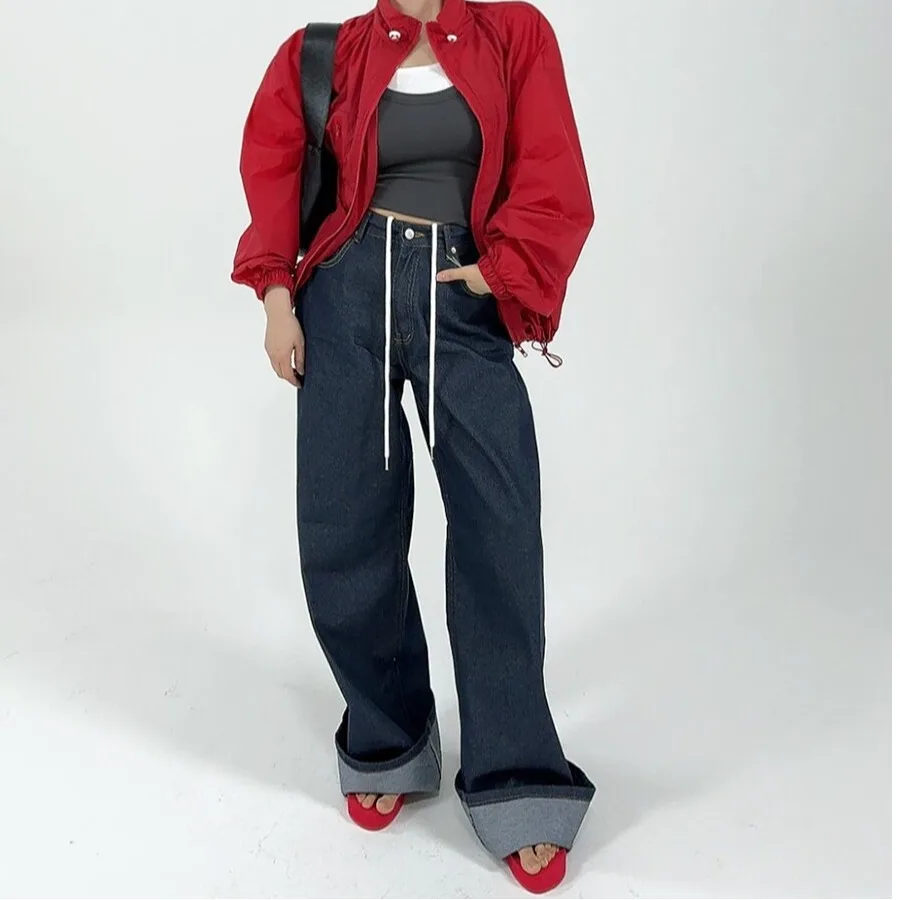 2026 Spring Summer Fashionable Korean Style Loose Cuffed Denim Jeans Belted Casual Vintage Women's Wide Leg Cotton Trousers