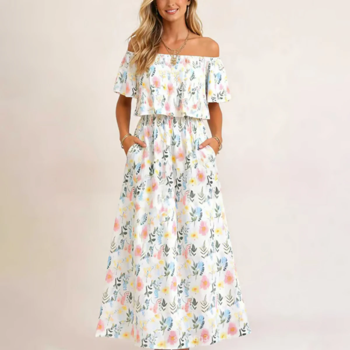 

Women's Off-The-Shoulder Maxi Dress Summer Casual Long Ruffle Side Split Beach Wedding Guest Party Dress