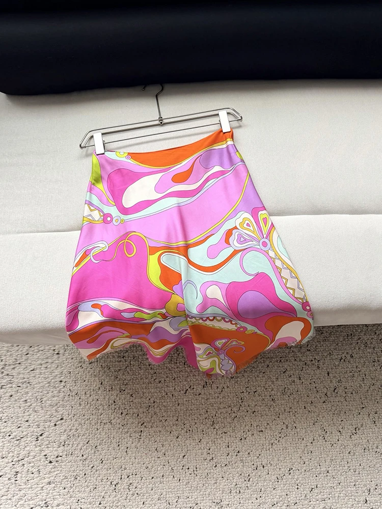 Summer Fashion Party Resort Geometric Print Elegant Silk Midi Skirt Women's Middle Waist Asymmetrical A-Line Tassel Hem Skirt