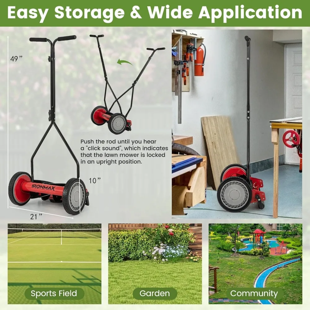 Kabelloser manueller 14-Zoll-Rasenmäher mit 5 Klingen und 7-Gallonen-Beutel, verstellbarer begehbarer Grasschneider für eine effiziente Gartenwartung