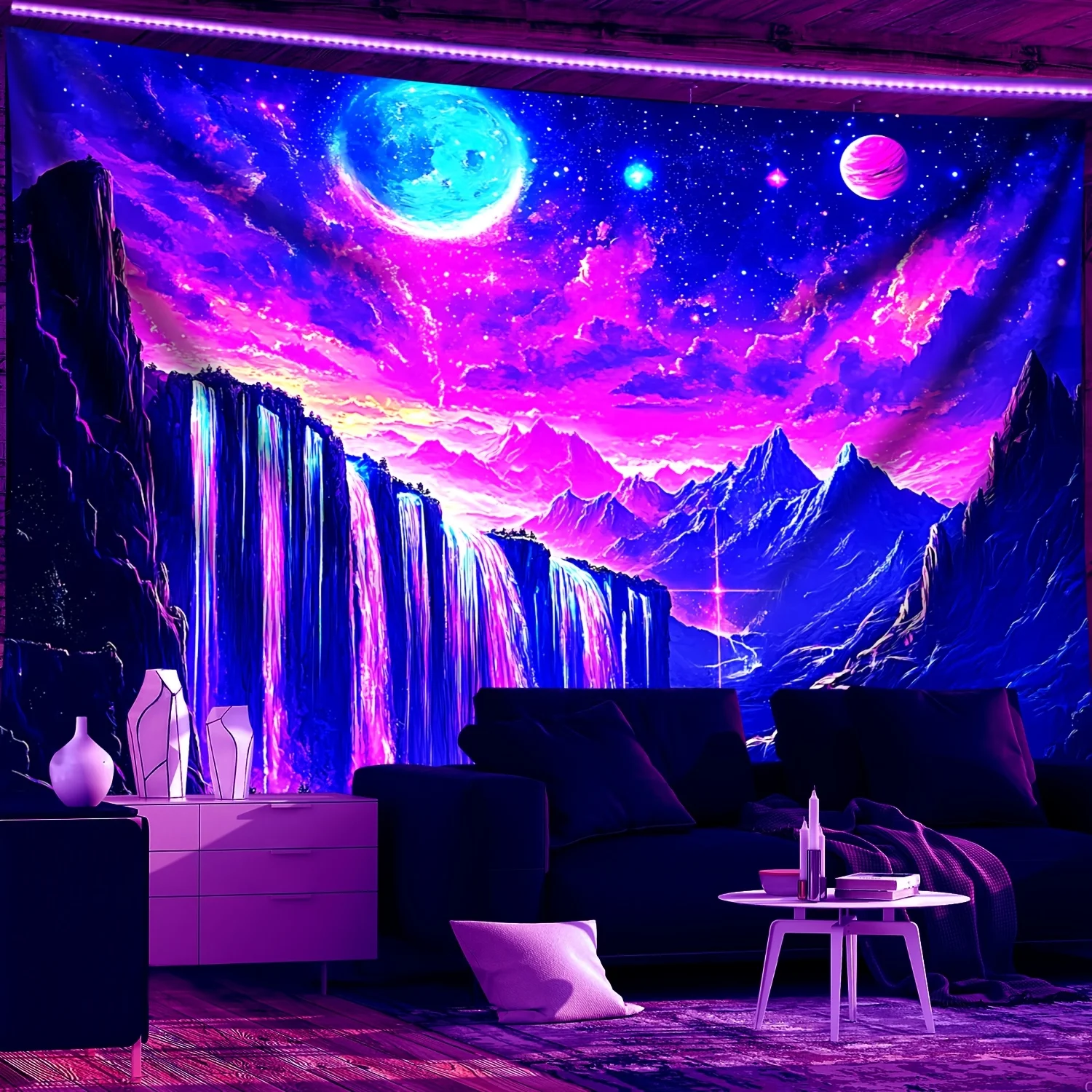 VIKAMA Black Light Galaxy Forest Tapestry UV Sensing psychedelic Wall Hanging Cloth Living Room Bedroom Natural Art Home Decor