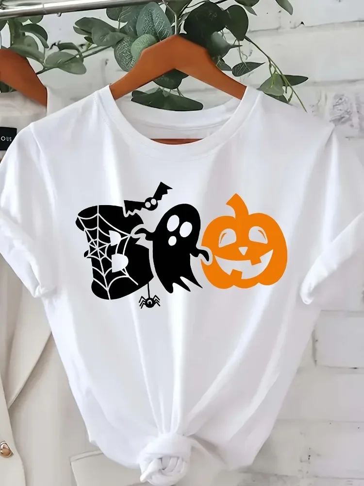 Womens Halloween T-shirt Short-sleeved Round Neck Casual Top with Spider Ghost and Pumpkin Print Suitable for All Seasons