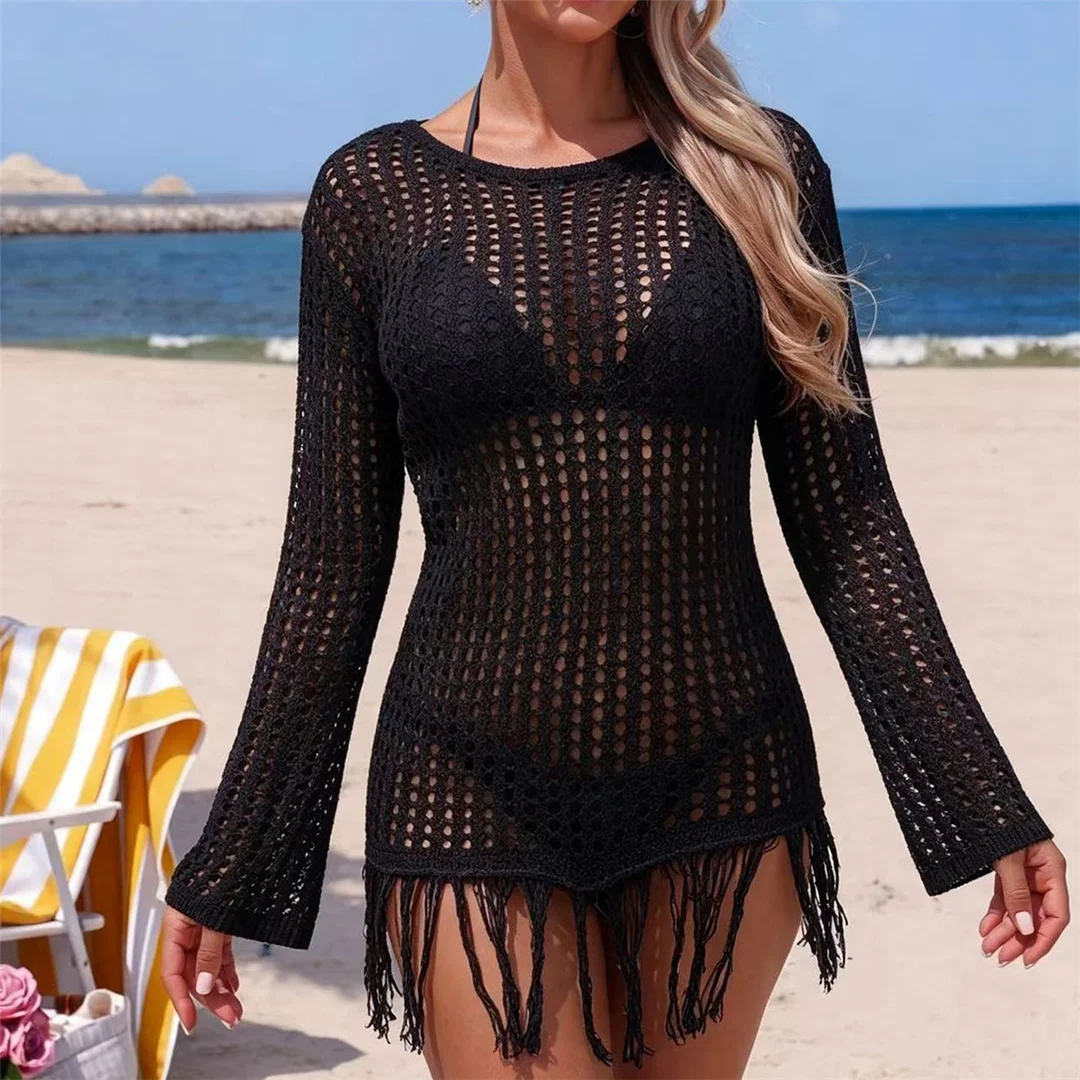 Langärmliges, einfarbiges, gehäkeltes, gestricktes Tunika-Strandkleid mit Quasten, Strandkleid, Strandmode, Damen V8515 – Detail 8