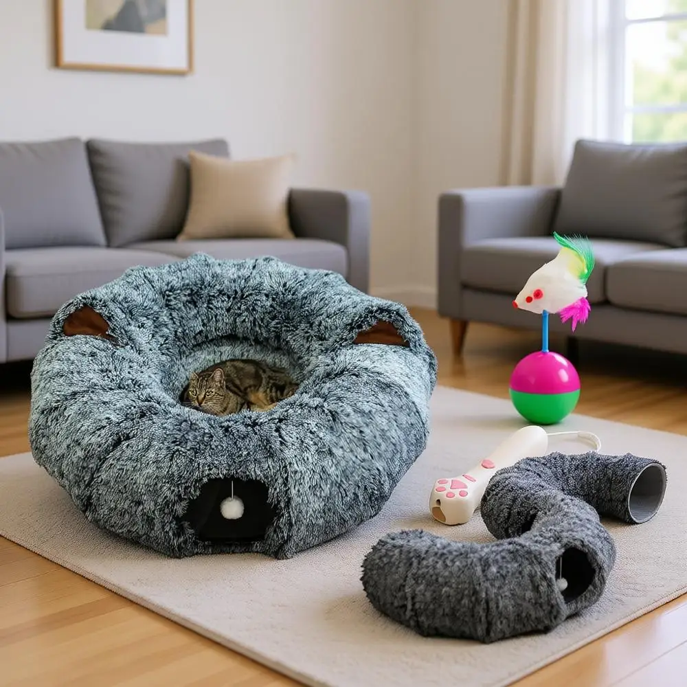 

XL Plush Cat Tunnel Bed with Toy and Elderly Feline Access. 3-in-1 Dark Grey Fluffy Donut Cushion with Ears. Circle Tube for Ind