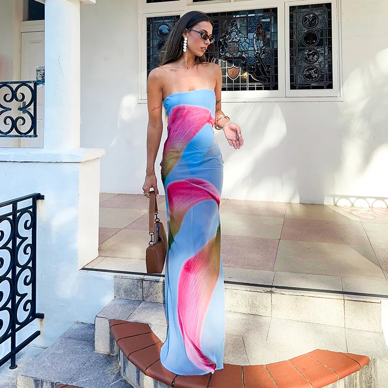 CUTENOVA letnia nowa damska kwiatowy Print szyfonowa fałszywa dwuczęściowa długa sukienka bez ramiączek seksowne przezroczyste sukienki wakacyjne