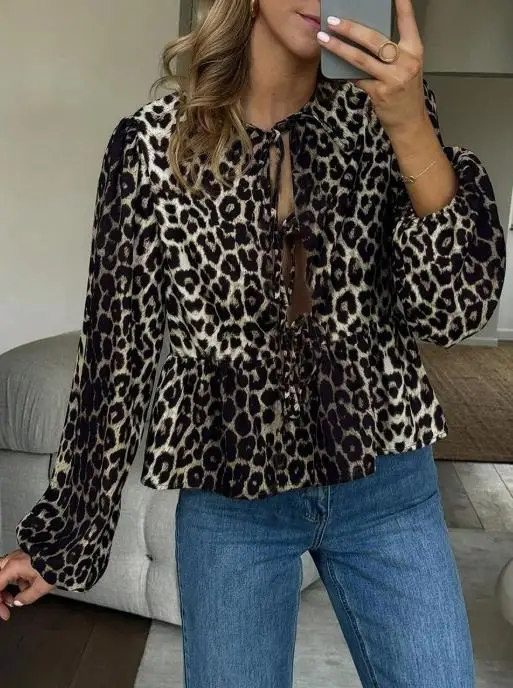 

Autumn New Fashionable Leopard Print Long Sleeved Shirt with Butterfly Tie Tie and Hollow Waist Collection Women's Chiffon Shirt