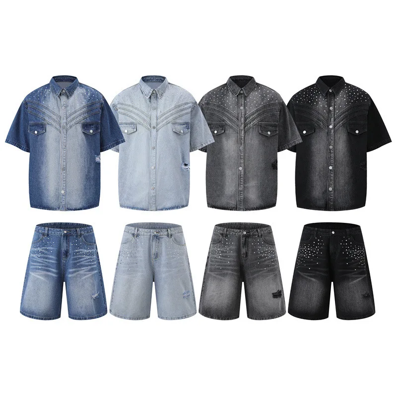 

Men's Ripped Jeans Shirt With Hotfix Rhinestone Fashion High Street Washed Vintage Distressed Denim Shirts Short Sleeve Tops
