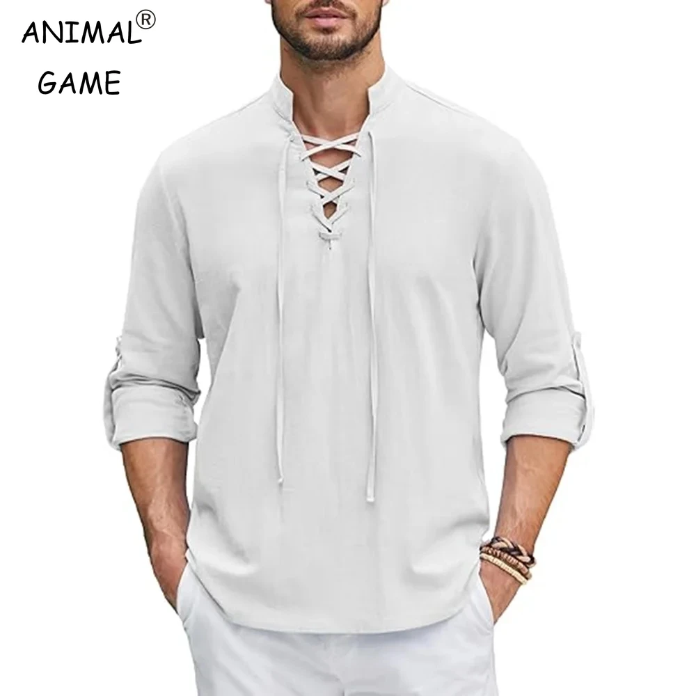 New Men's Casual Long Sleeved Shirt Medieval Vintage Top Cotton Linen Shirts Men Halloween Streetwear Breathable Lace-up Tops