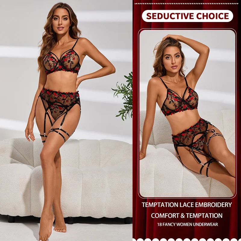 New Sexy Women Lingerie Set Lace Embroidery Push Up Bra Panties Sets Deep V Gather Top See-through Teddies Bodysuit Erotic Sexy