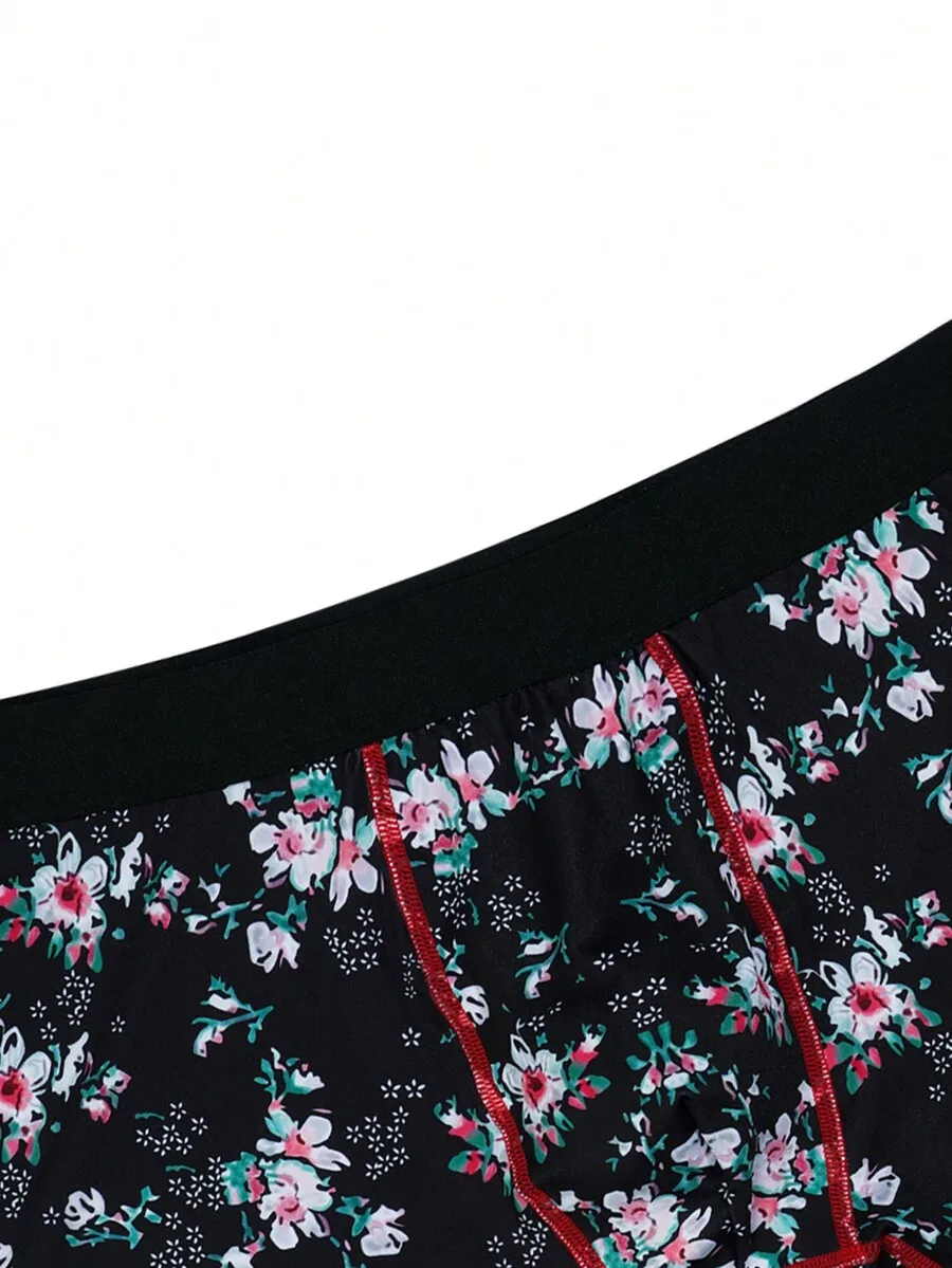 

Men Floral Print Boxer Briefs With Contrast Red Topstitching