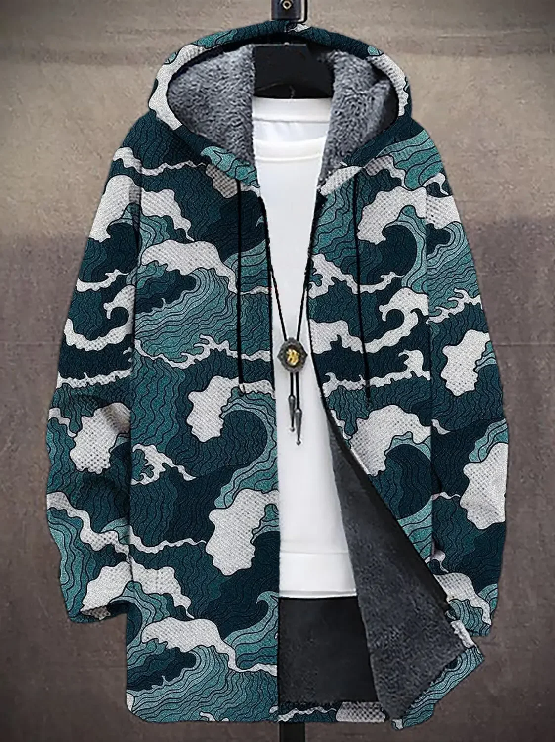 

Men's Japanese Wave Art Print Fleece Lined Hooded Trench Coat Cardigan Hoodies Fleece Lined Zipper Coats