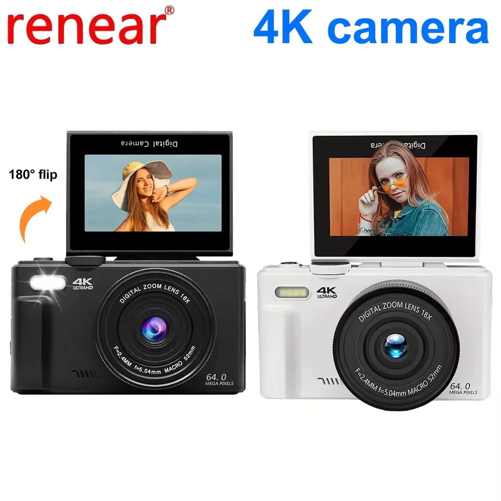 

Компактная цифровая фотокамера 4K, 18-кратный цифровой зум, винтажный видеорегистратор для видеоблогов, YouTube 64 МП 180 ° Камеры с откидным экраном