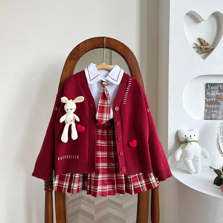 Child clothes Set Autumn winter College Style Primary School Student Set pleated skirt teen Girls sweater JK uniform 3 piece set