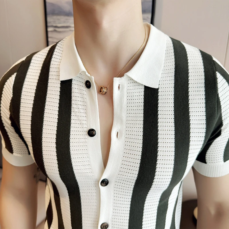 Slim Fit Men's Lapel Short Sleeve Shirt, Youth Stripes Cardigan, Stretchable, Breathable M-4XL Men's Striped Cardigan