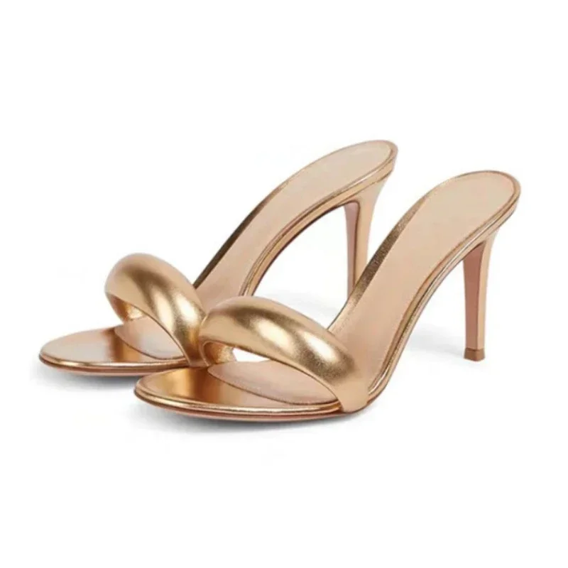 

Brand Design Simple Solid Color Women's Slippers 2024 Summer New High Heel Black Gold Round Head Women's Sandals Size 34-46
