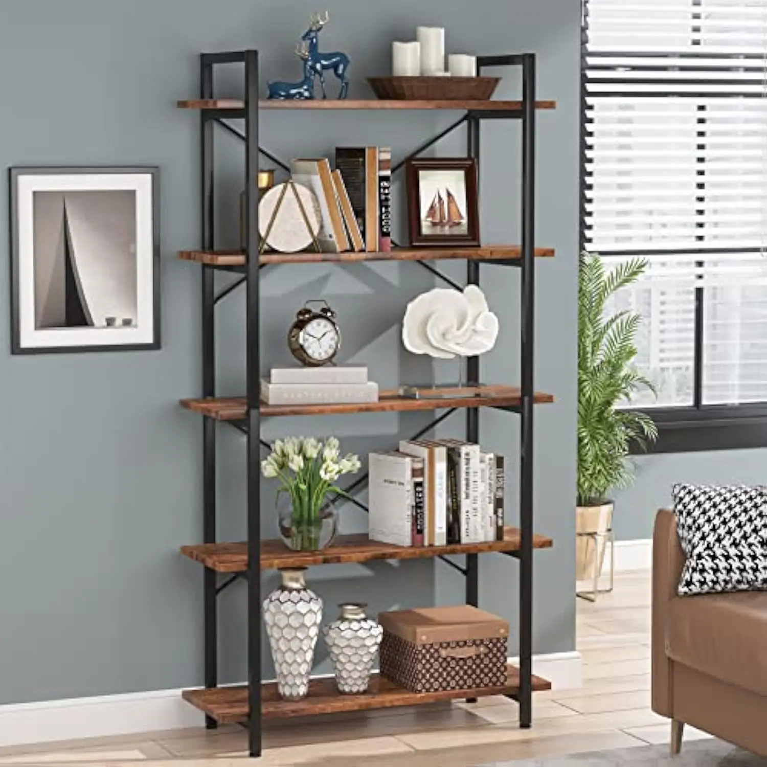 

5 Tier Bookshelf, Industrial Etagere Bookcase with Metal Frame, Rustic Tall Bookshelf for Living Room, Study, Home Offic