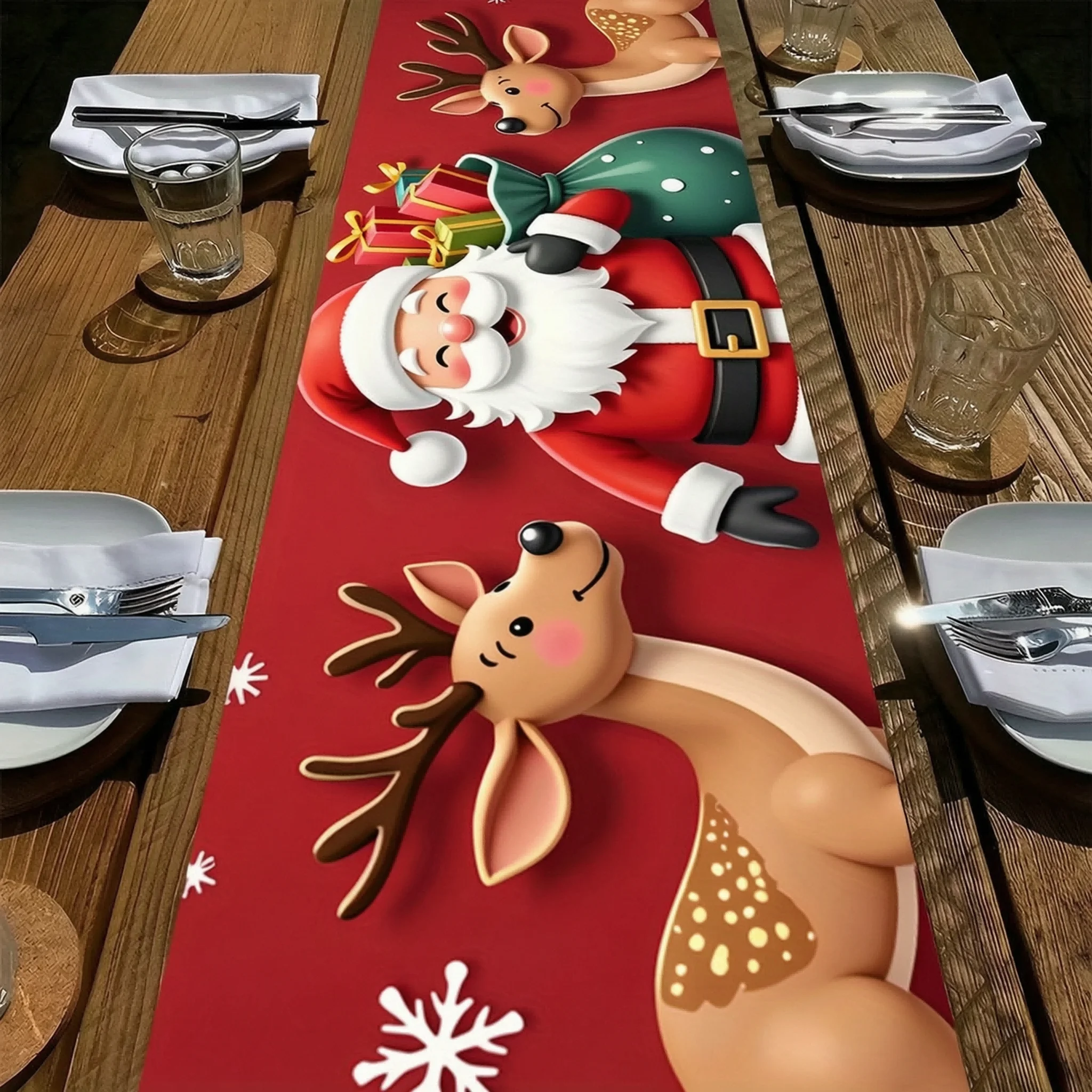 Christmas Table Runner, Santa and Reindeer Rectangular Tablecloth, Holiday Decor for Dining Coffee Table Kitchen Party