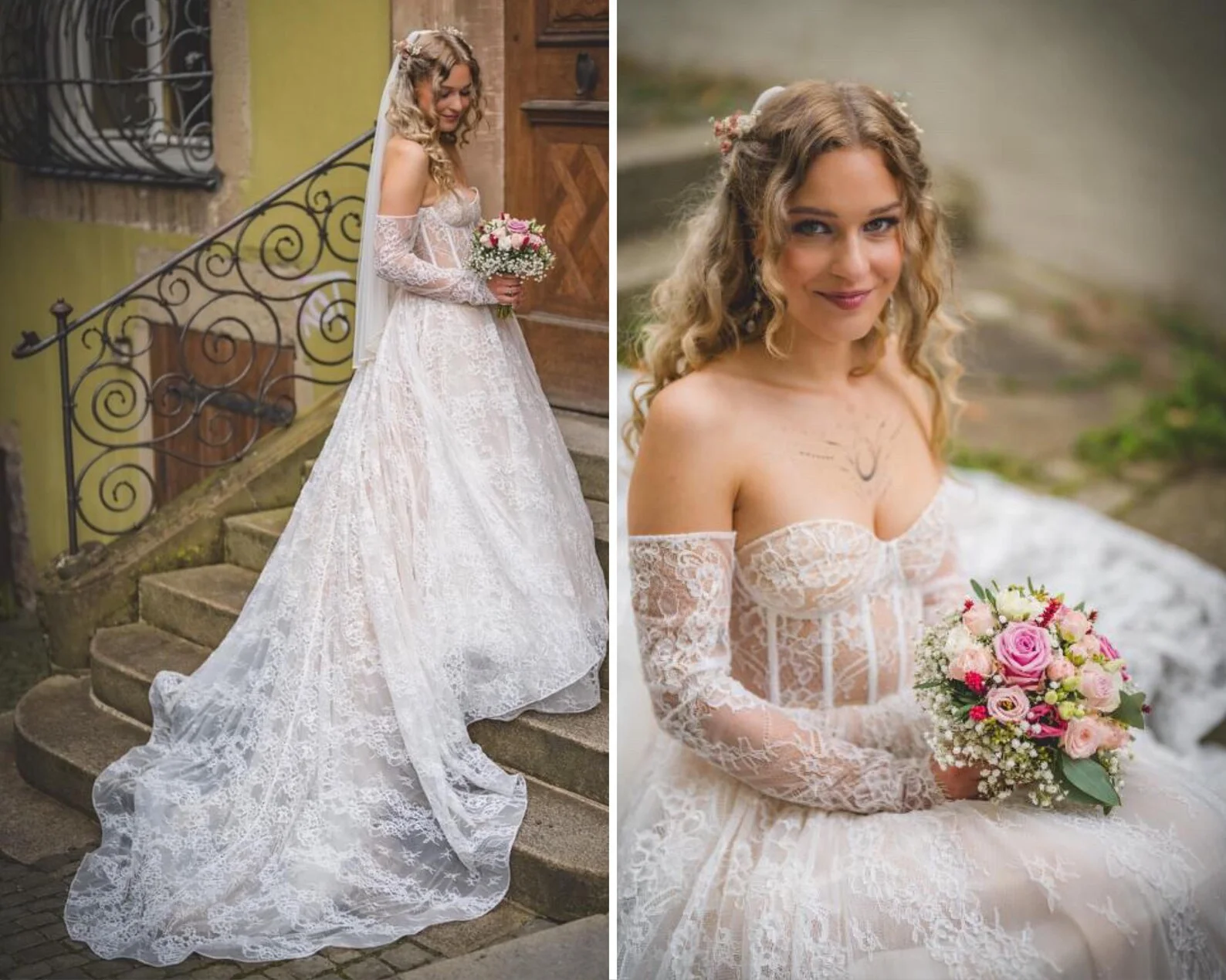 

Customized Women's 2025 Latest Large Skirt Dress Elegant Off Shoulder White Lace Dress Long Sleeve Cathedral Tail Bride