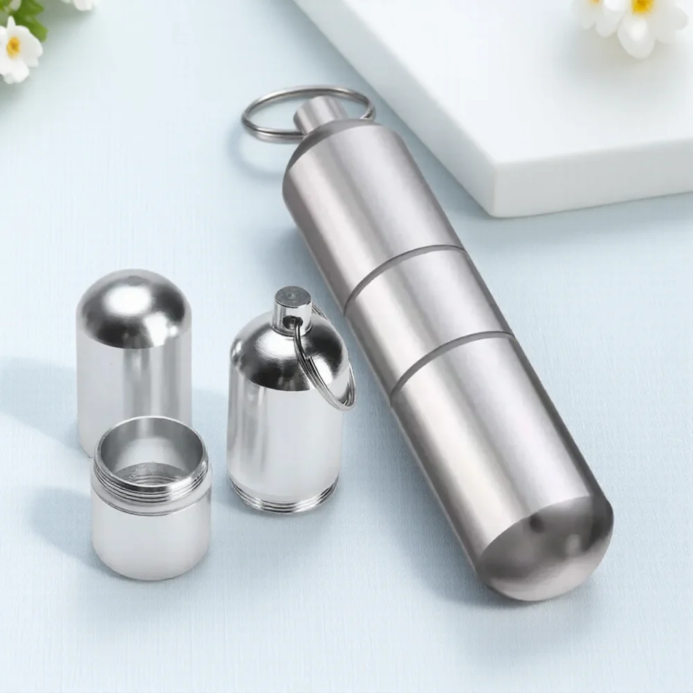 Waterproof Aluminum Pill Box Case Bottle Cache Holder for Camping Hiking Traveling Medicine Storage Keychain