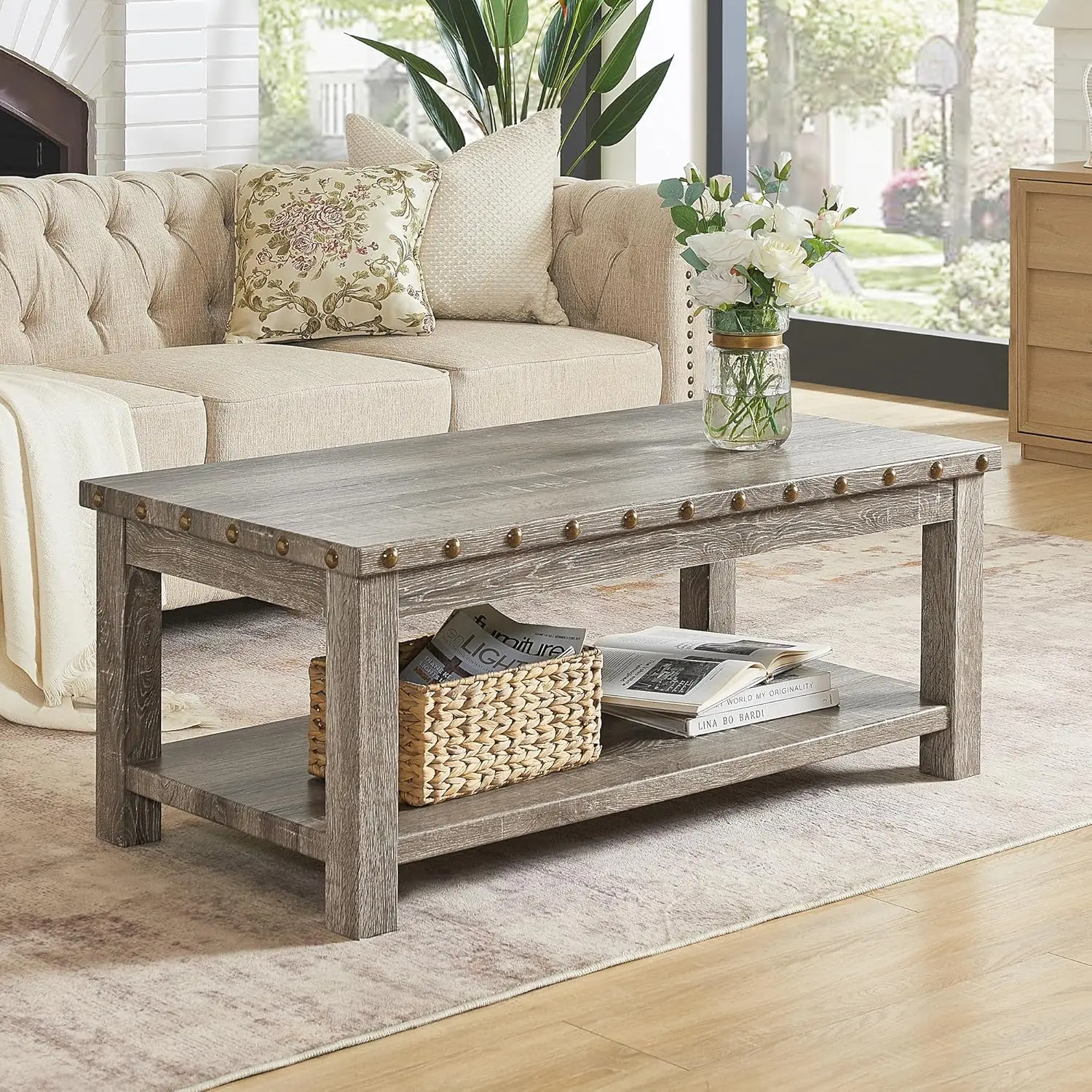 

Журнальный столик в стиле фермерского дома с местом для хранения, 47-дюймовый прямоугольный журнальный столик в деревенском стиле с антикварной отделкой, деревянный центральный стол, на заказ