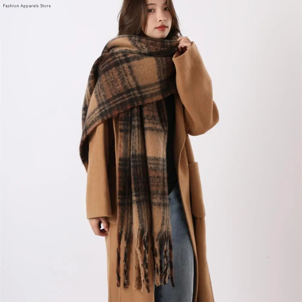 

Classic Mohair Plaid Wool Scarf Tassel Plush Winter Cashmere Scarves Solid Color Korean Style Long Shawl Girl