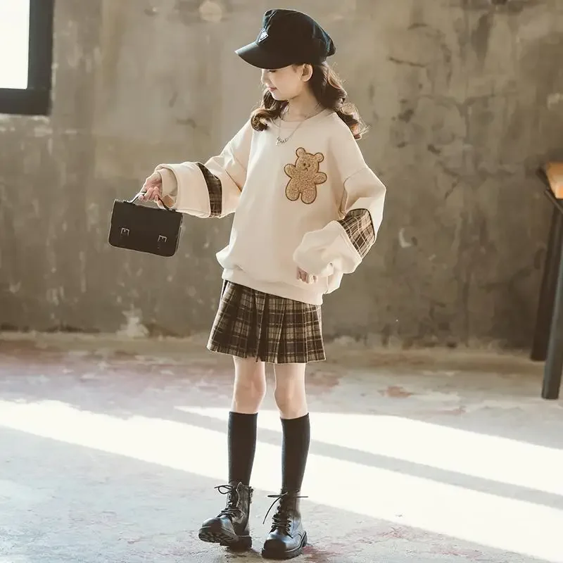 autumn winter Girls Clothes teenager bear hoodie t shirt + plaid shorts JK pleated skirt uniform 4 5 6 7 8 9 10 11 12 years