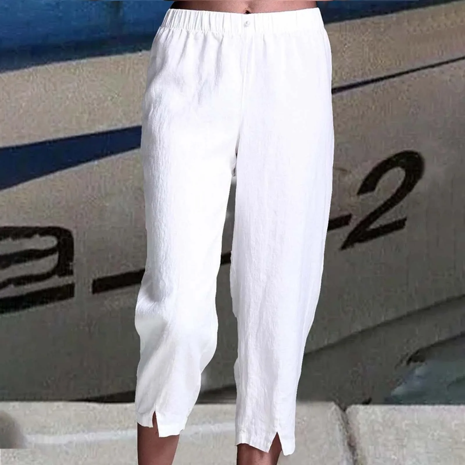 

Summer Pants Women Elastic High Waist Drawstrings Linen Pants Straight Cropped Trousers Elegant Ladies Bottom Beach Sweatpants