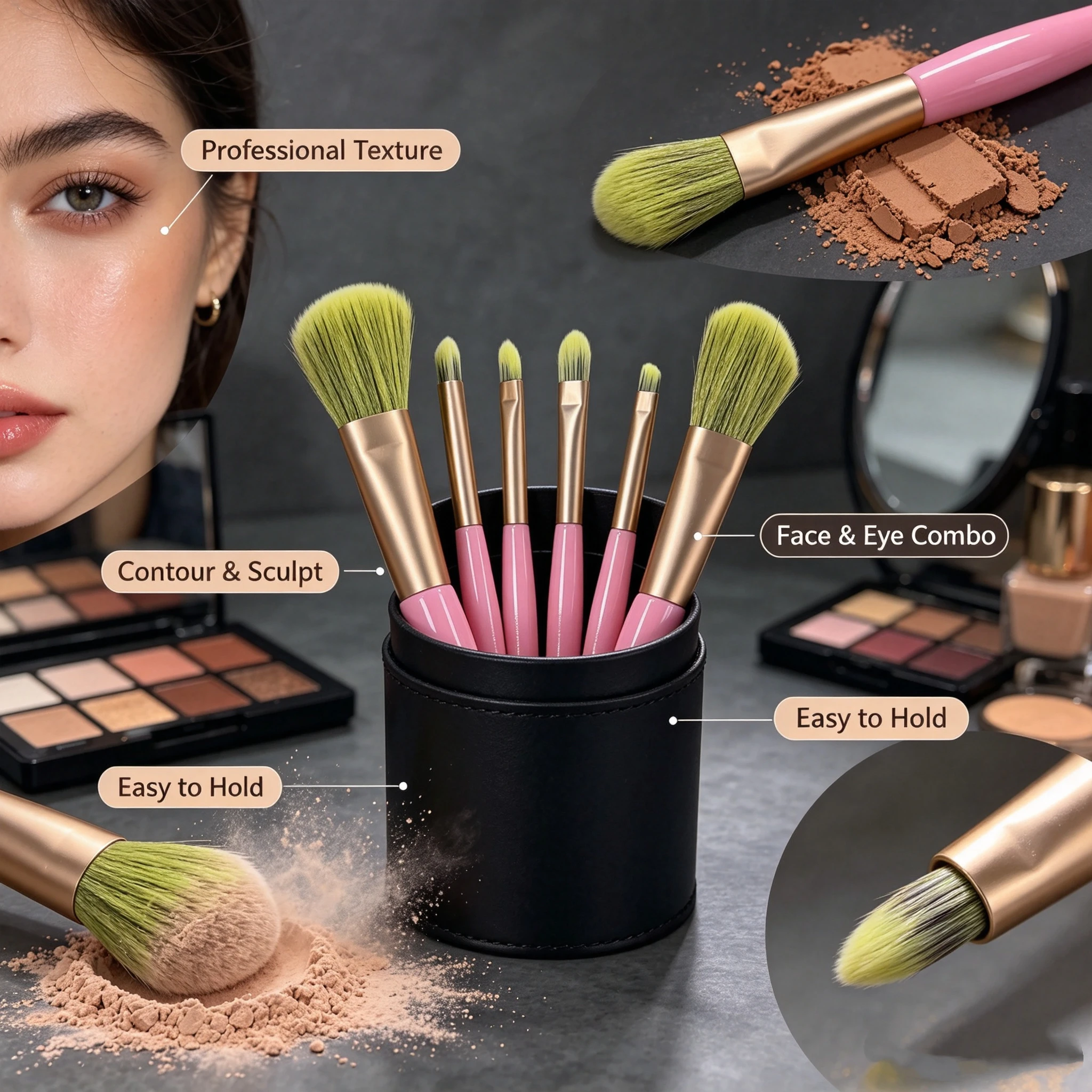 Complete Makeup Brush Set: Dense, Soft Bristles for Excellent Powder Pickup – Ideal Beginner Makeup Tools, 6-Piece Set