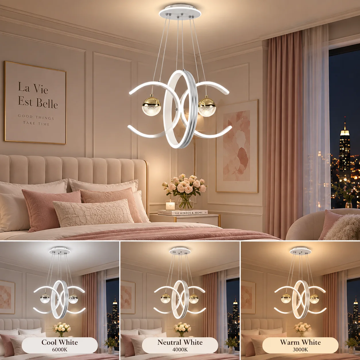 Modern LED Chandelier, Interlocking Ring-Style Suspended Ceiling Light with 2 Spherical Pendant Lamps, Featuring 3 Color-Changing Modes (3000K-4000K-6000K), Wall Switch Control, Adjustable Suspension Cord, Suitable for Home Decoration in Living Rooms, Din