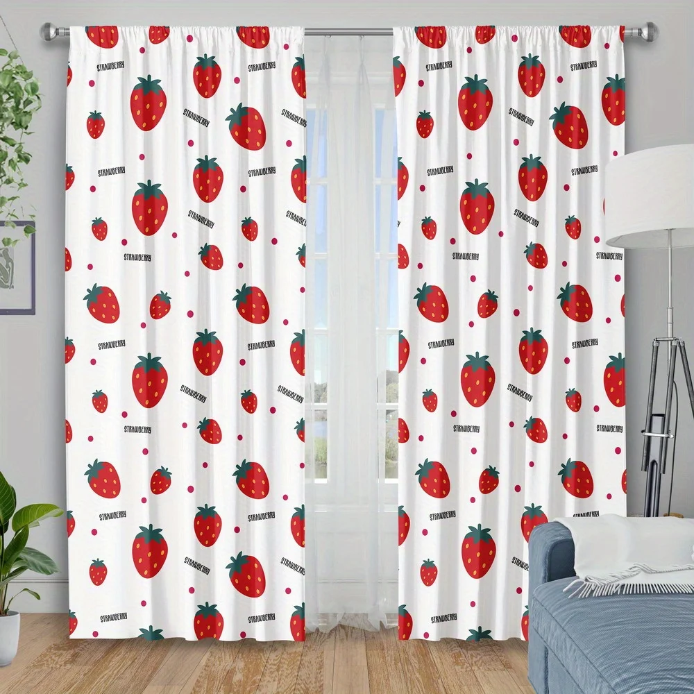 2pcs Curtains with a red strawberry and green leaf pattern, machine washable polyester, suitable for bedrooms and living rooms.