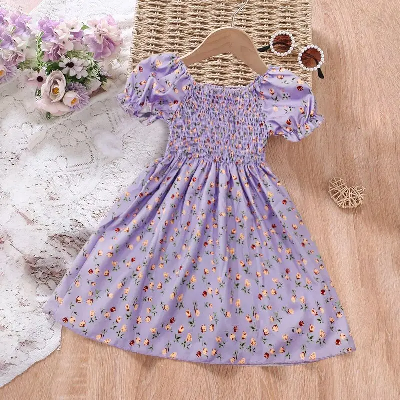 2024 New Sweet Girls Dress Puff Sleeve Purple Flower Printed Princess Party Dresses Summer New Casual Vacation Style Dress 2-6Y