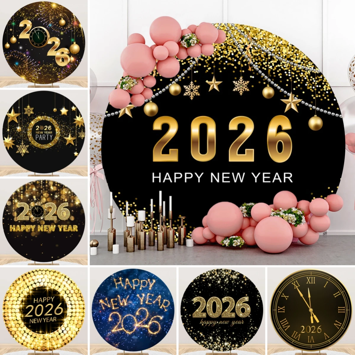 

Glittering 2026 New Year Round Photography Background Shiny Firework Golden Clock for Family New Year Eve Party Circle Backdrops