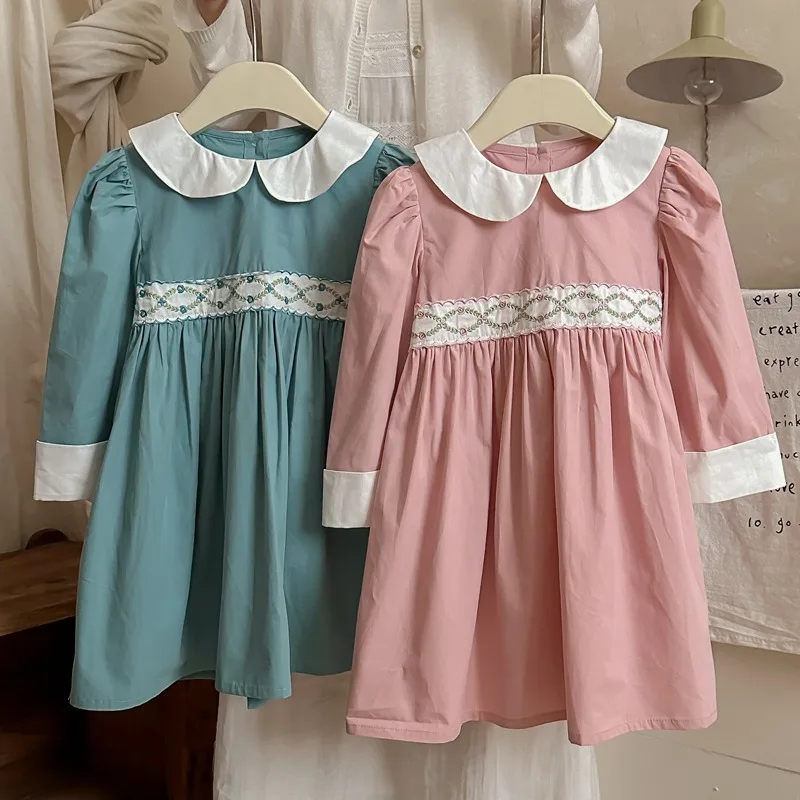 

Girls Dress 2025 Autumn French Tengtiao Embroidery Doll Neck Color Contrasting Pure Cotton Sweet Princess Dress