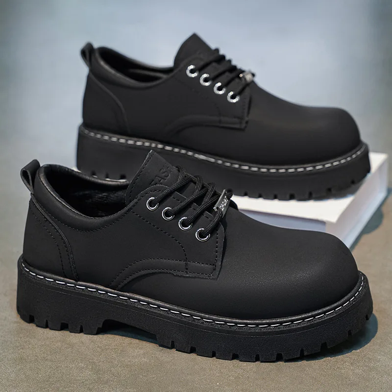 

2026 Summer New Men's fashionable PU leather black footwear British Style Casual breathable Thick soled Big Head Shoes for men
