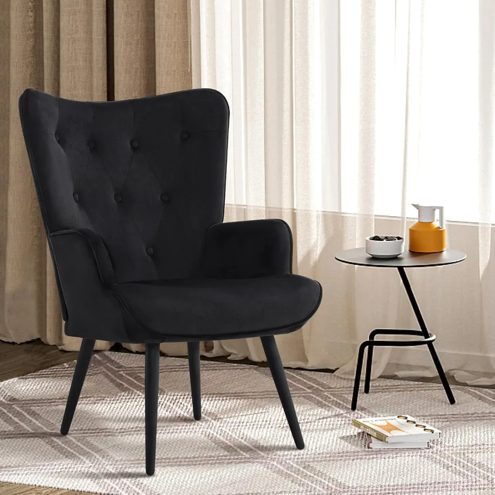 

Black Velvet Accent Chair Mid Century Modern Living Room Chairs; Comfy Armchair Leisure Vanity Guest Wingback Chair fo